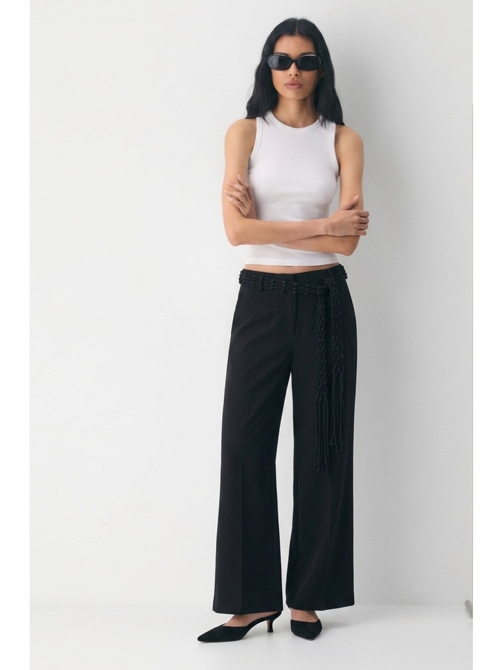 Suzy Shier Vintage Y2K Wide Leg Flare Boho Fringe Belt Flat Front Pants Trousers